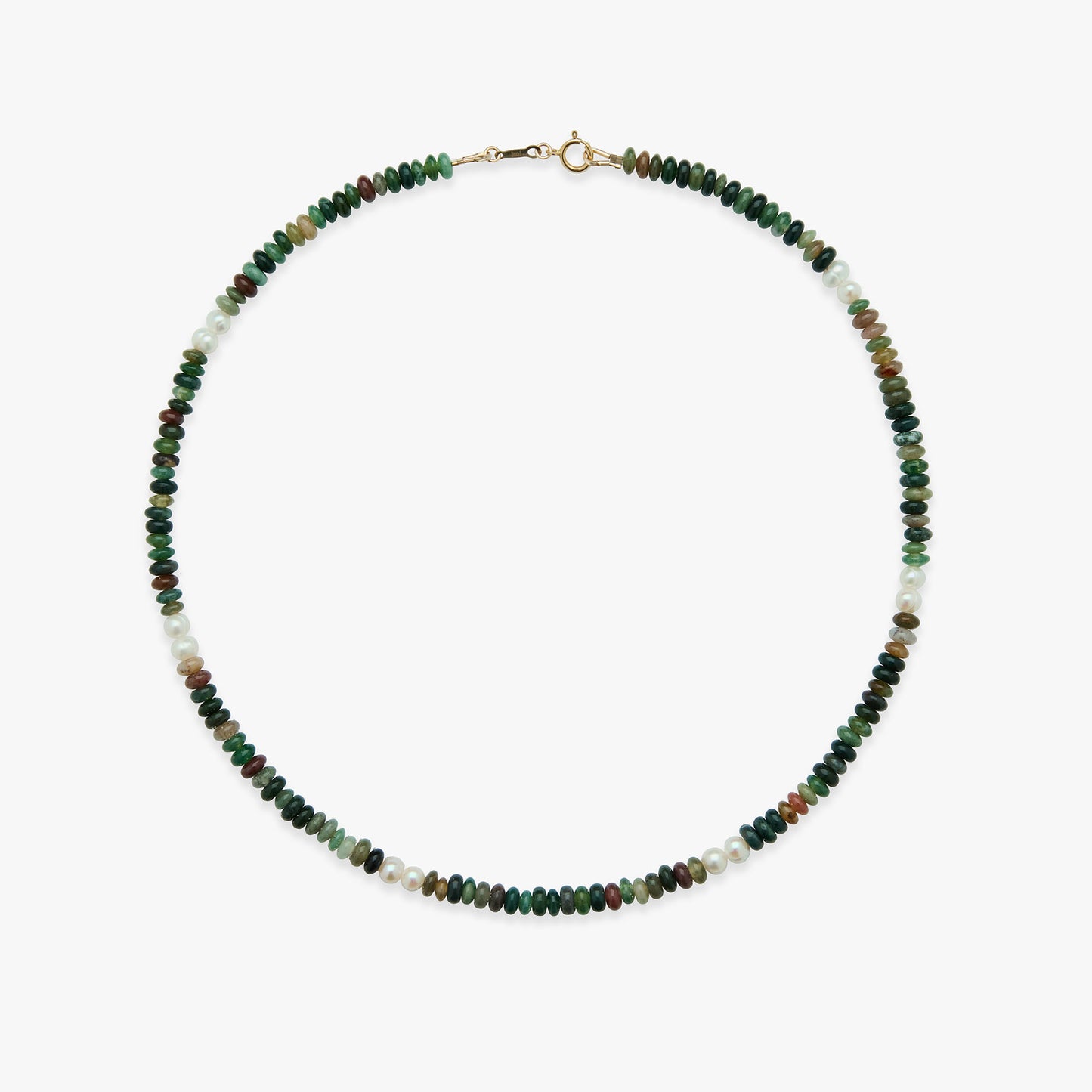 Necklace with small multicolored beads on a white background