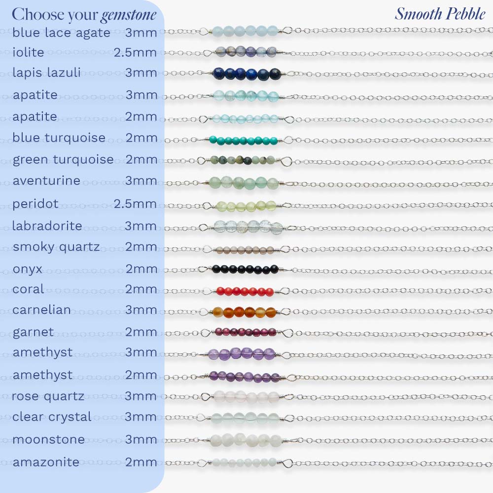 Chart displaying various gemstone bracelets with their corresponding bead sizes.