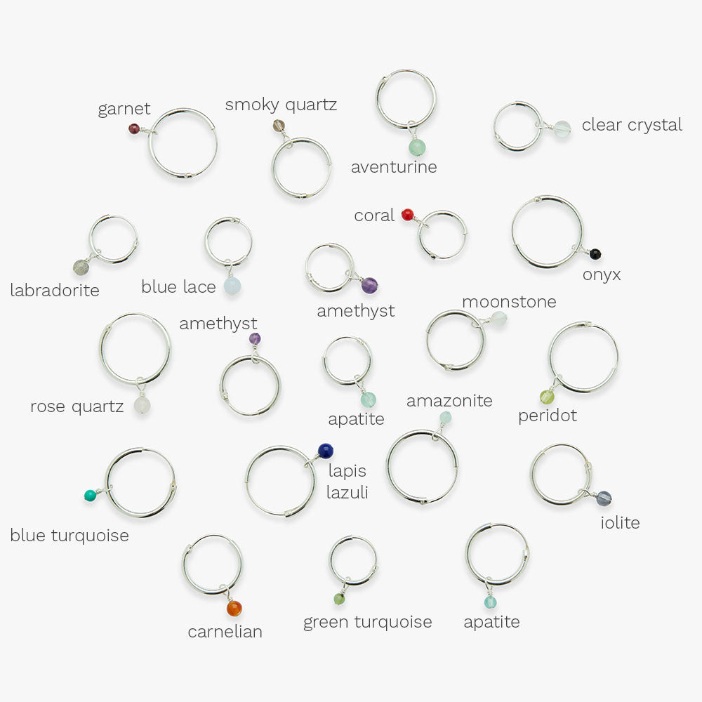 Collection of silver earrings with gemstone beads labeled on a white background