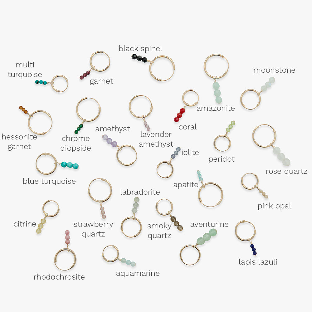 Collection of gold hoop earrings with various gemstones labeled on a white background