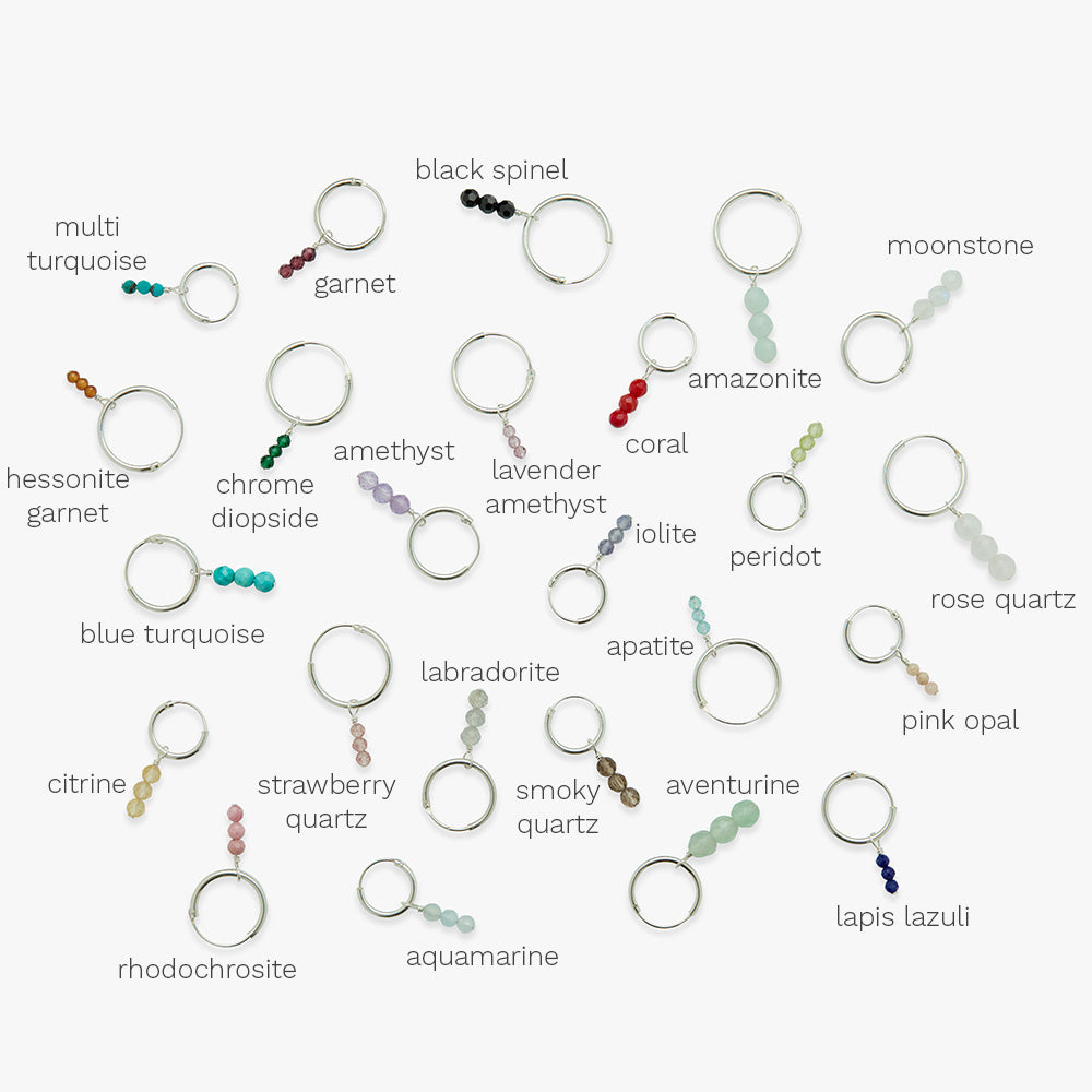 Collection of gemstone earrings with names on a white background