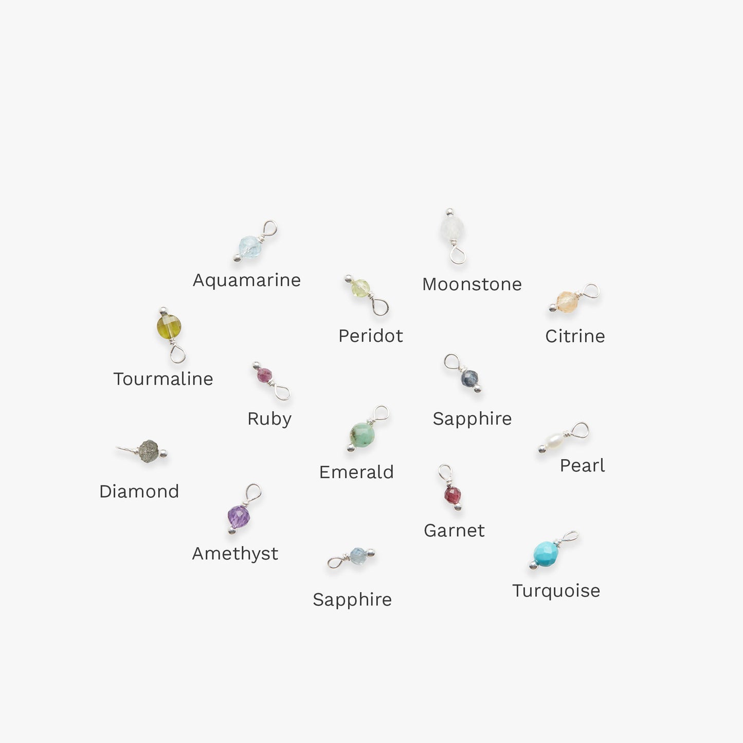 Illustrations of gemstones with names below on a white background