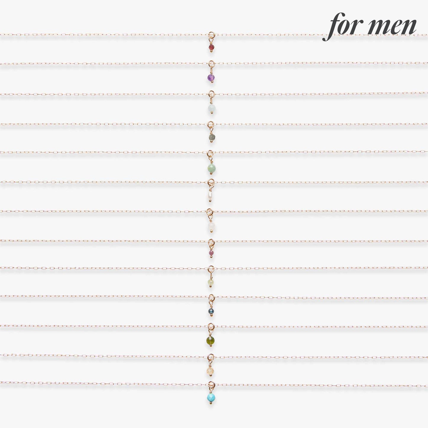 Set of men's jewelry chains with colored beads on a white background