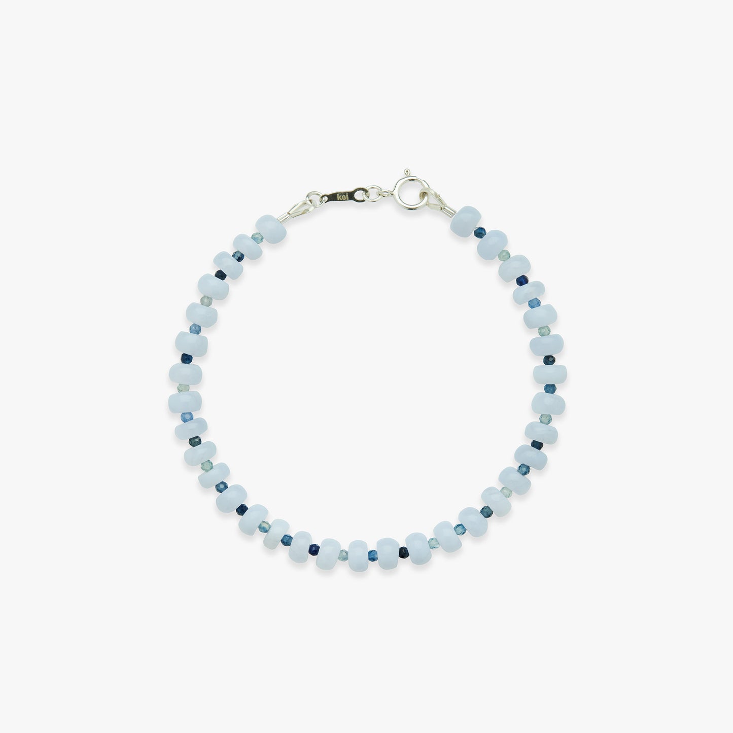 Beaded bracelet with blue and silver accents on a white background
