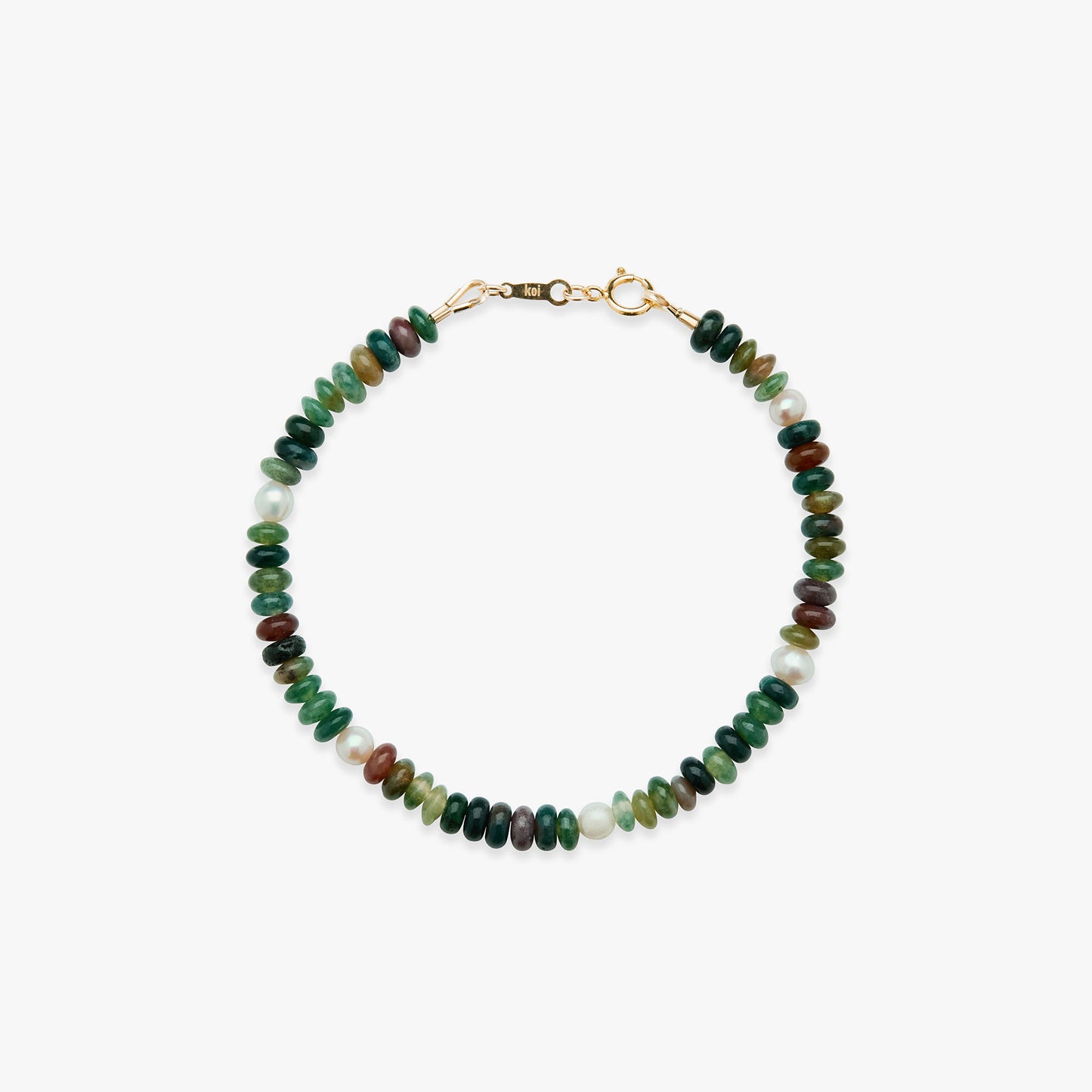 Bracelet with green and brown beads on a white background
