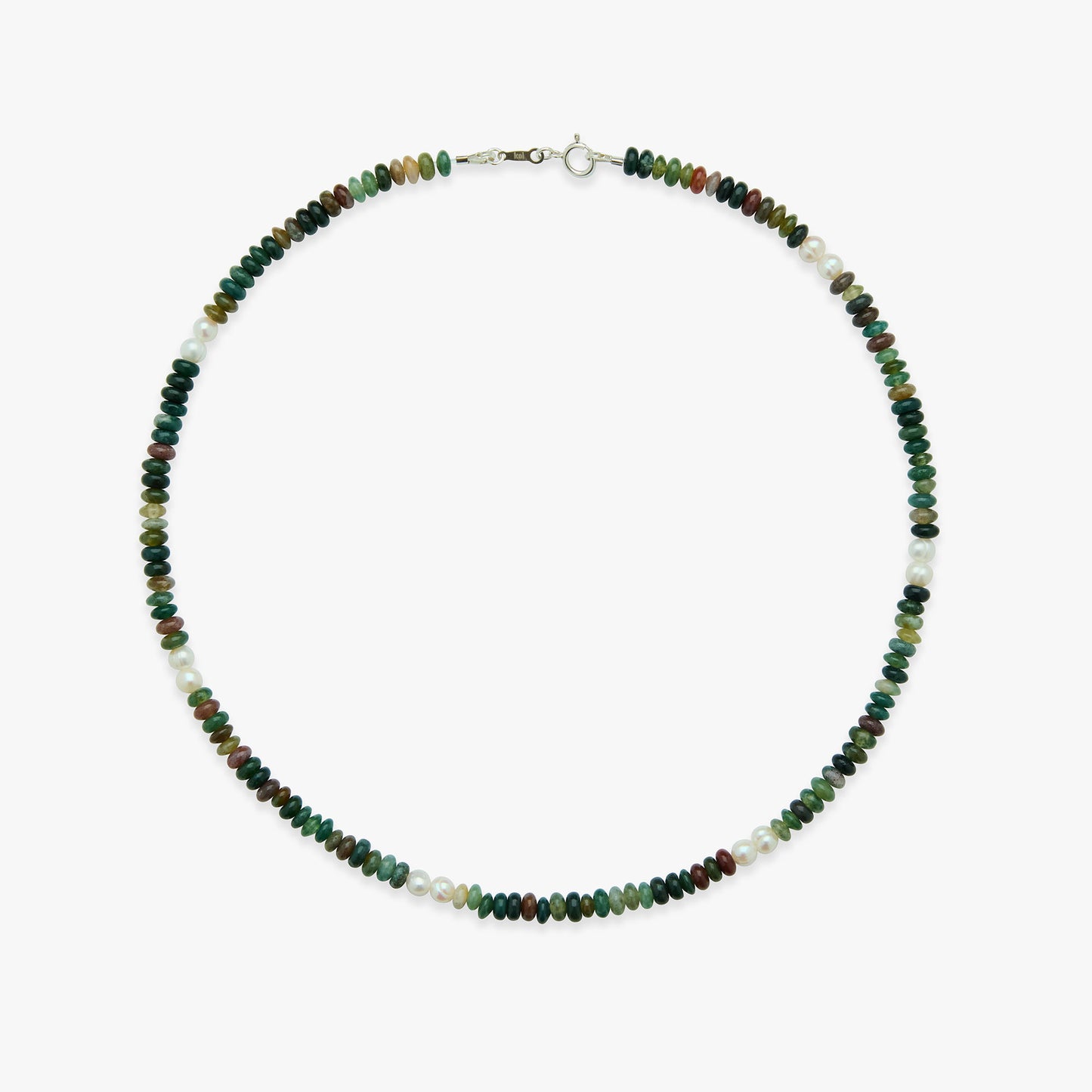 Necklace with small multicolored beads on a white background