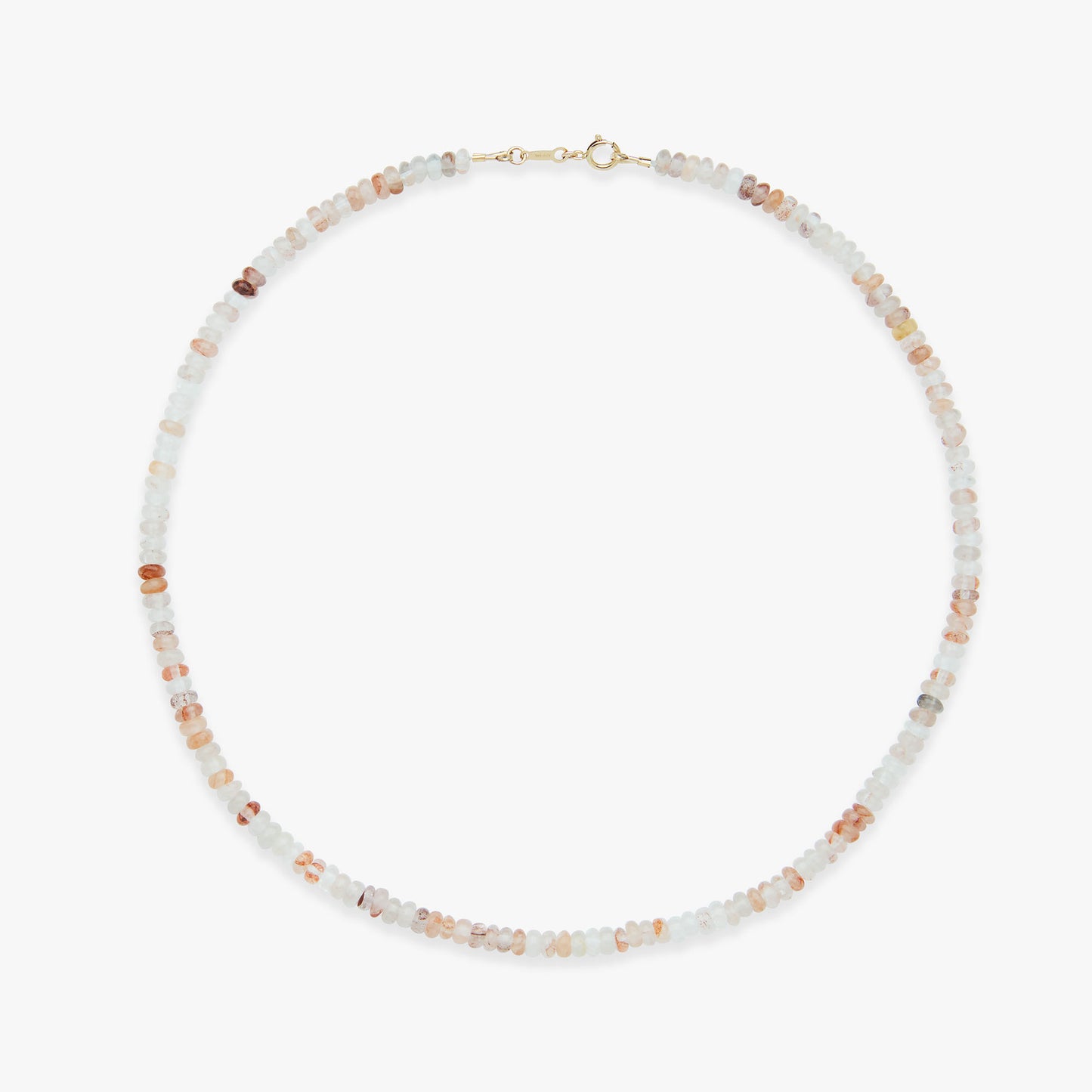 Beaded necklace with small stones on a white background