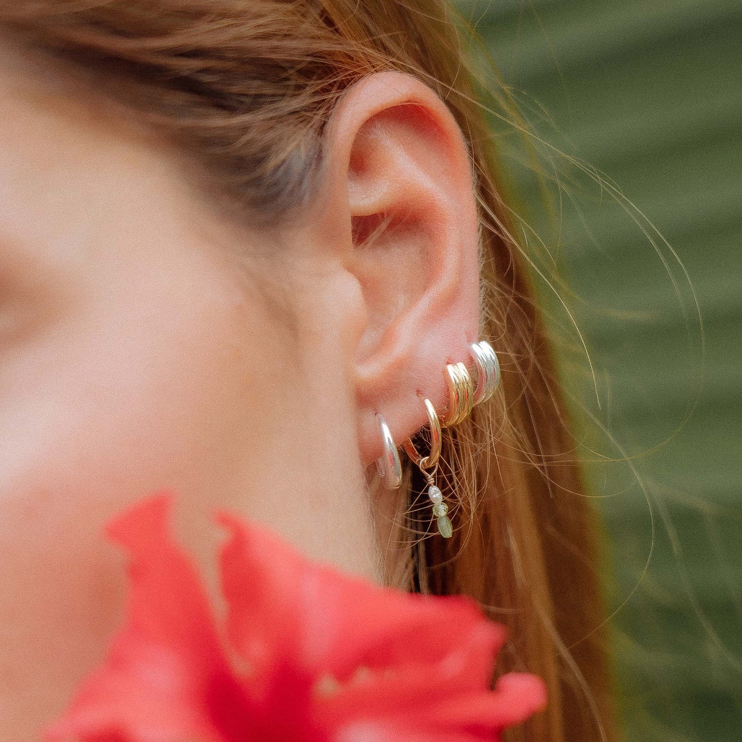 A close-up of a person's ear wearing multiple small hoop and cuff earrings, with a blurred green background and a red flower in the foreground.