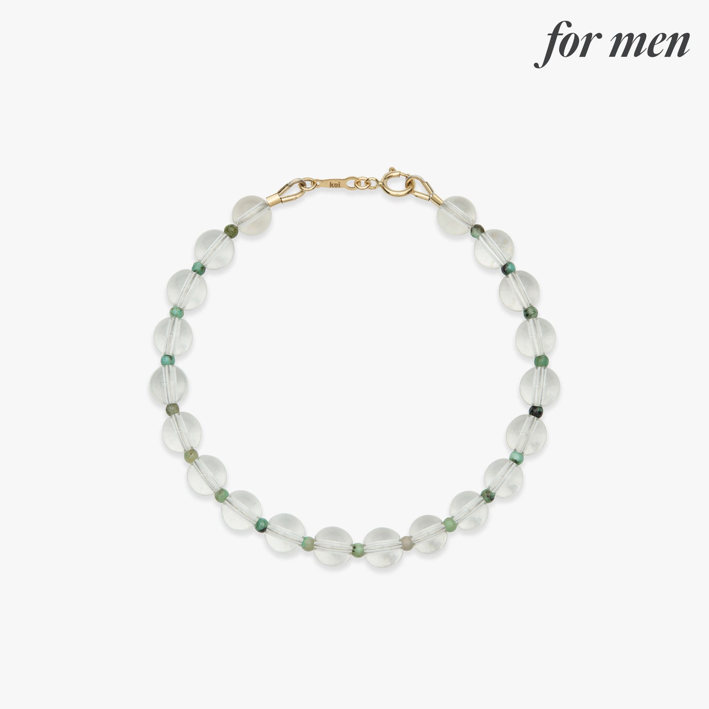 A men's beaded bracelet featuring translucent light green oval beads, small dark green accent beads, and a gold-tone lobster clasp, shown on a light gray background with 'for men' text in the top right.