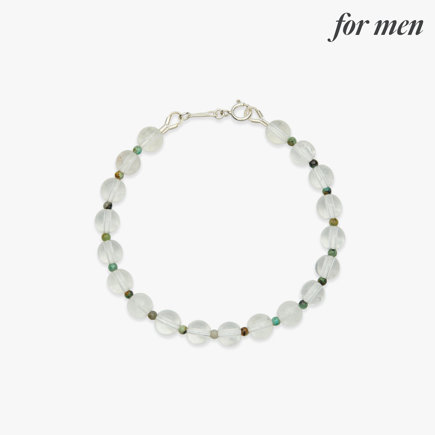 A beaded bracelet for men featuring translucent white round beads and small green and brown accent beads, with a silver clasp, shown on a light gray background with 'for men' text in the top right.