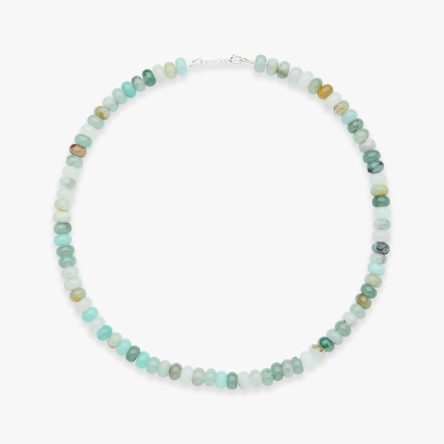 Necklace with small multicolored beads on a white background