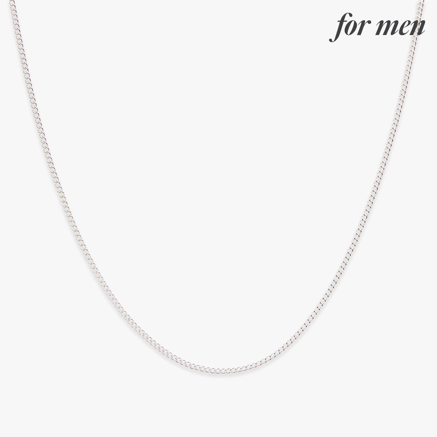 Silver chain necklace on a white background with 'for men' text.