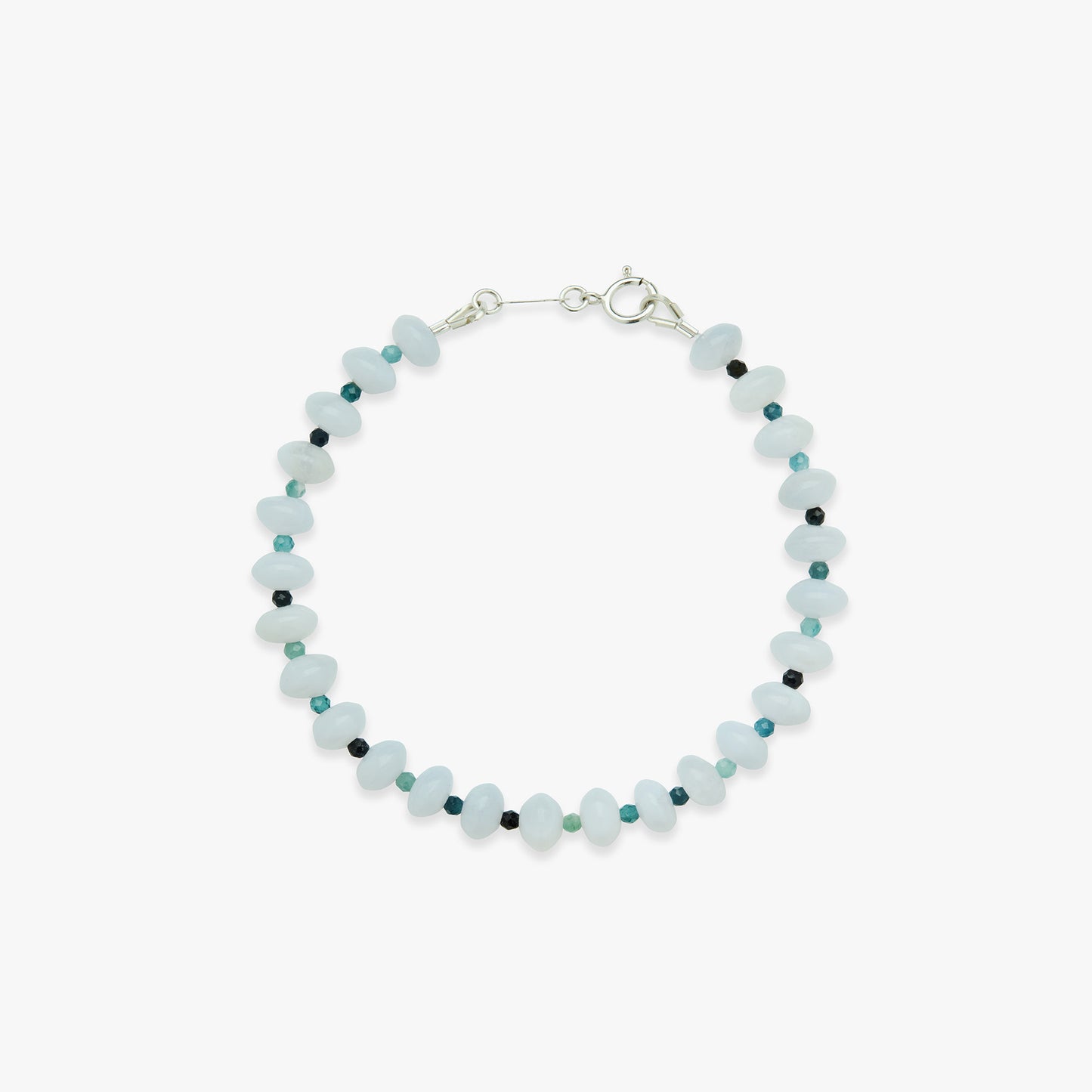 Beaded bracelet with white, blue, and black beads on a white background