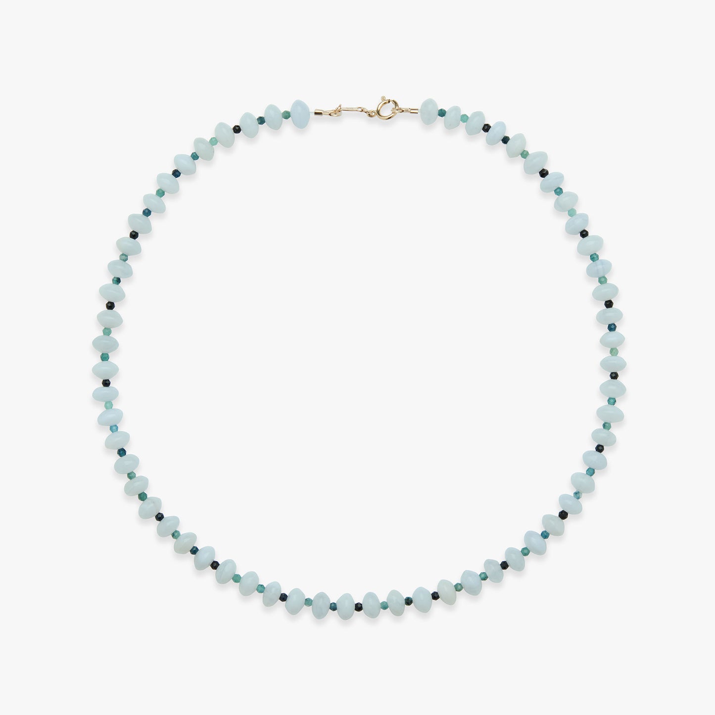 Necklace with light blue beads on a white background