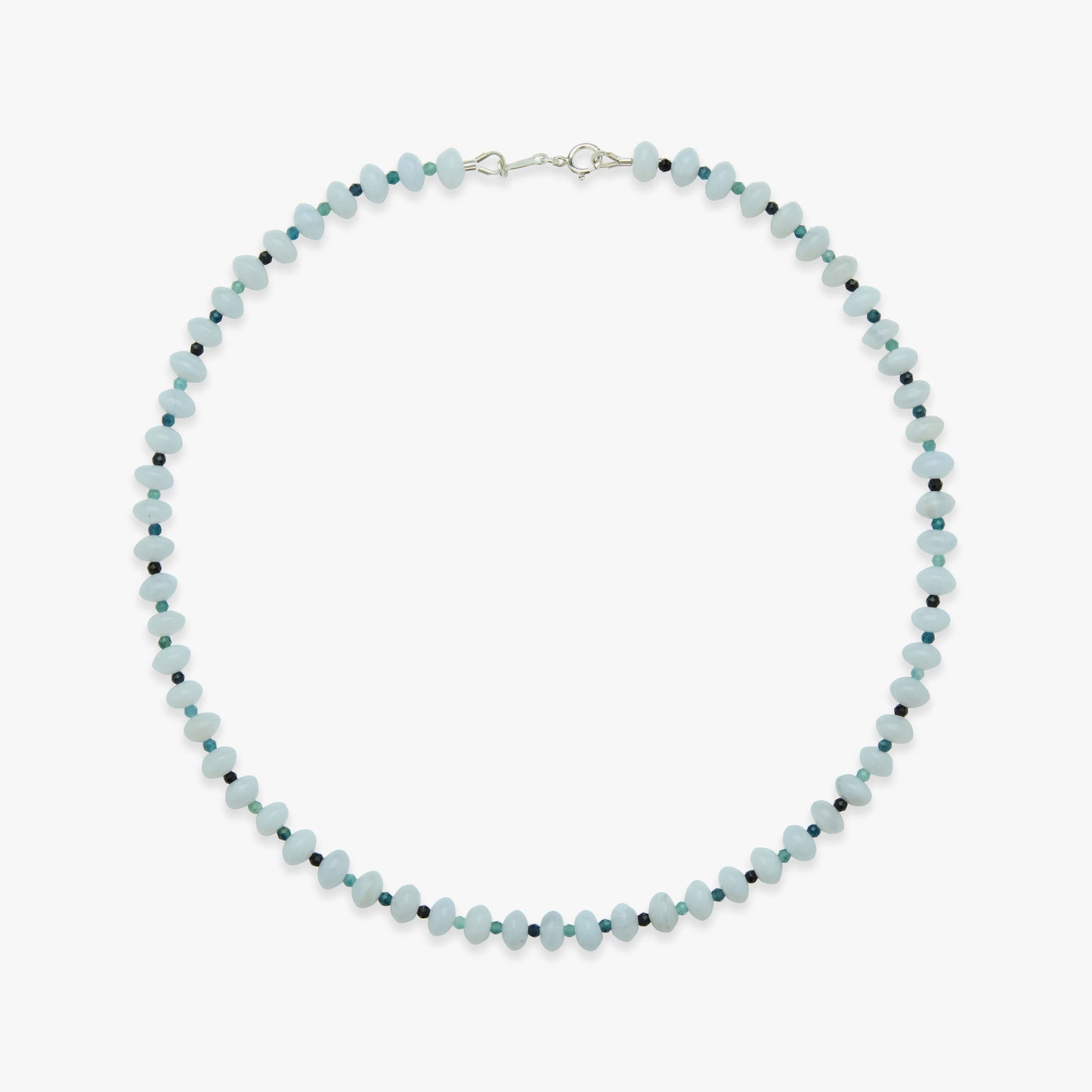 Necklace with light blue beads on a white background