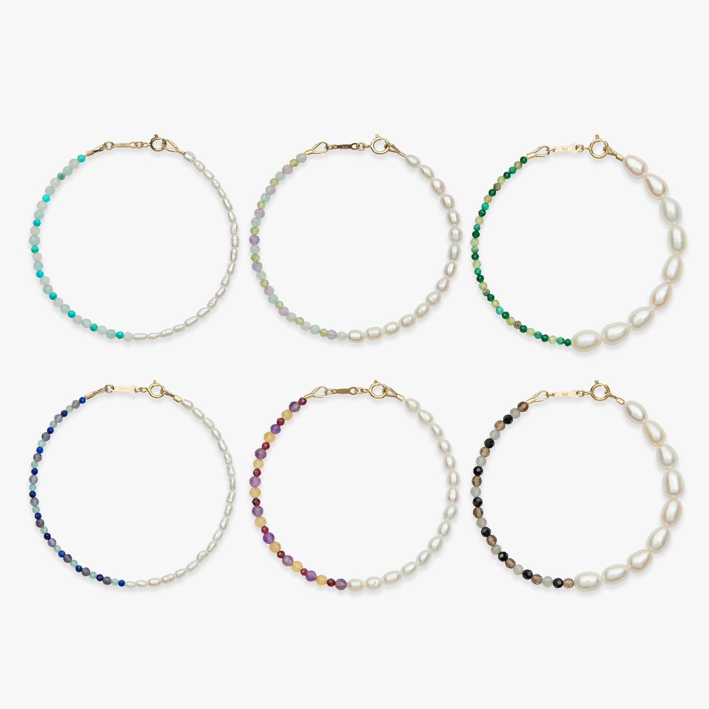 Six pearl bracelets with gold-tone clasps and beaded accents in various colors, arranged in two rows of three on a light gray background.