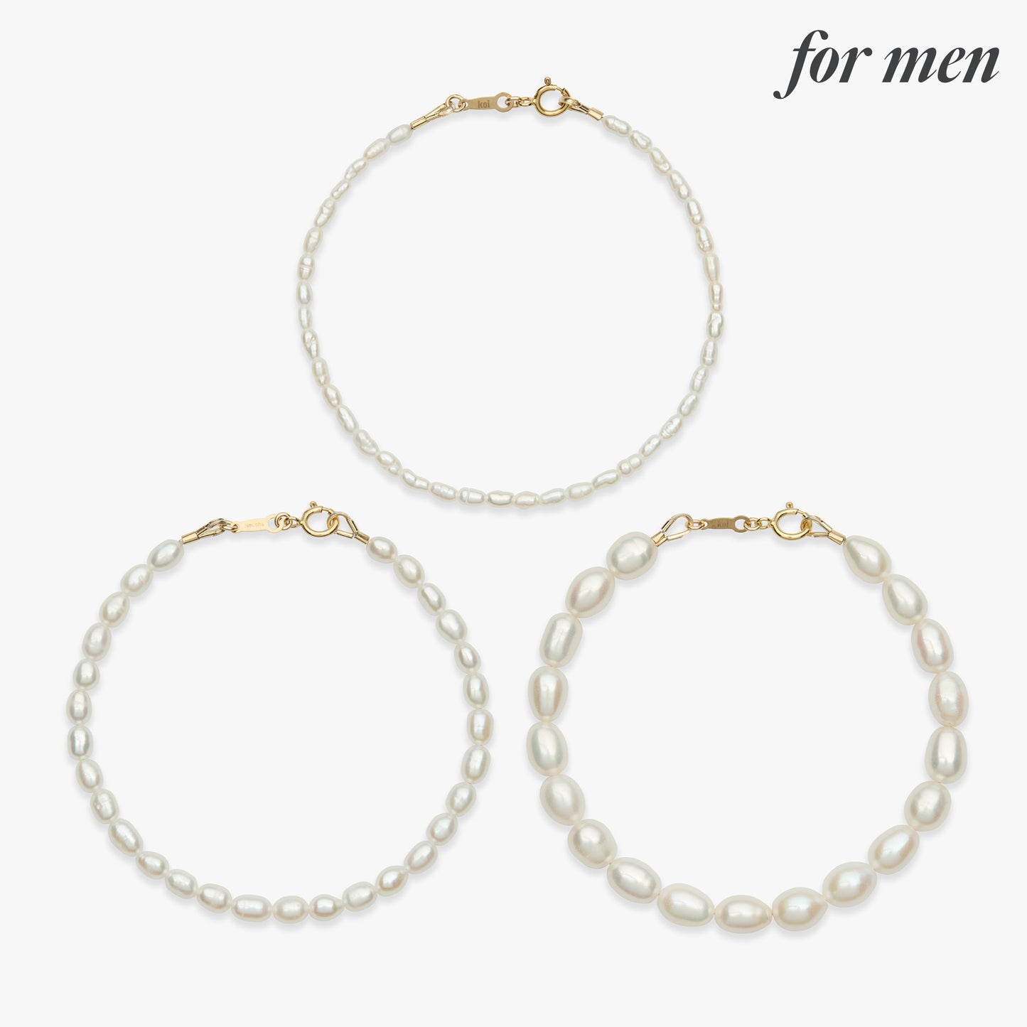 Three pearl beaded bracelets for men, featuring one delicate chain necklace and two larger oval hoop-style necklaces with gold-tone clasps, displayed on a light gray background with 'for men' text in the top right.