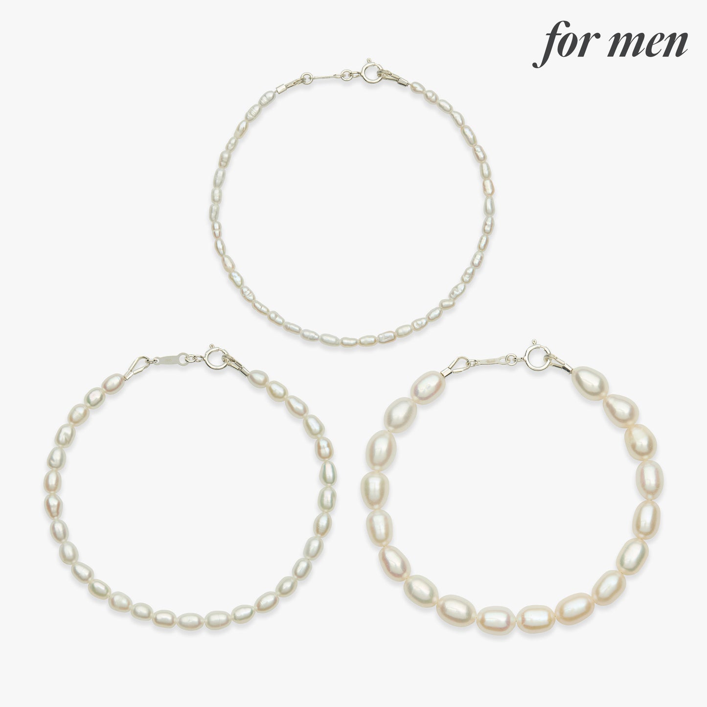 Three pearl braceletsfor men on a light gray background: one delicate chain necklace at the top and two larger beaded bracelets at the bottom. The text 'for men' appears in the top right corner.