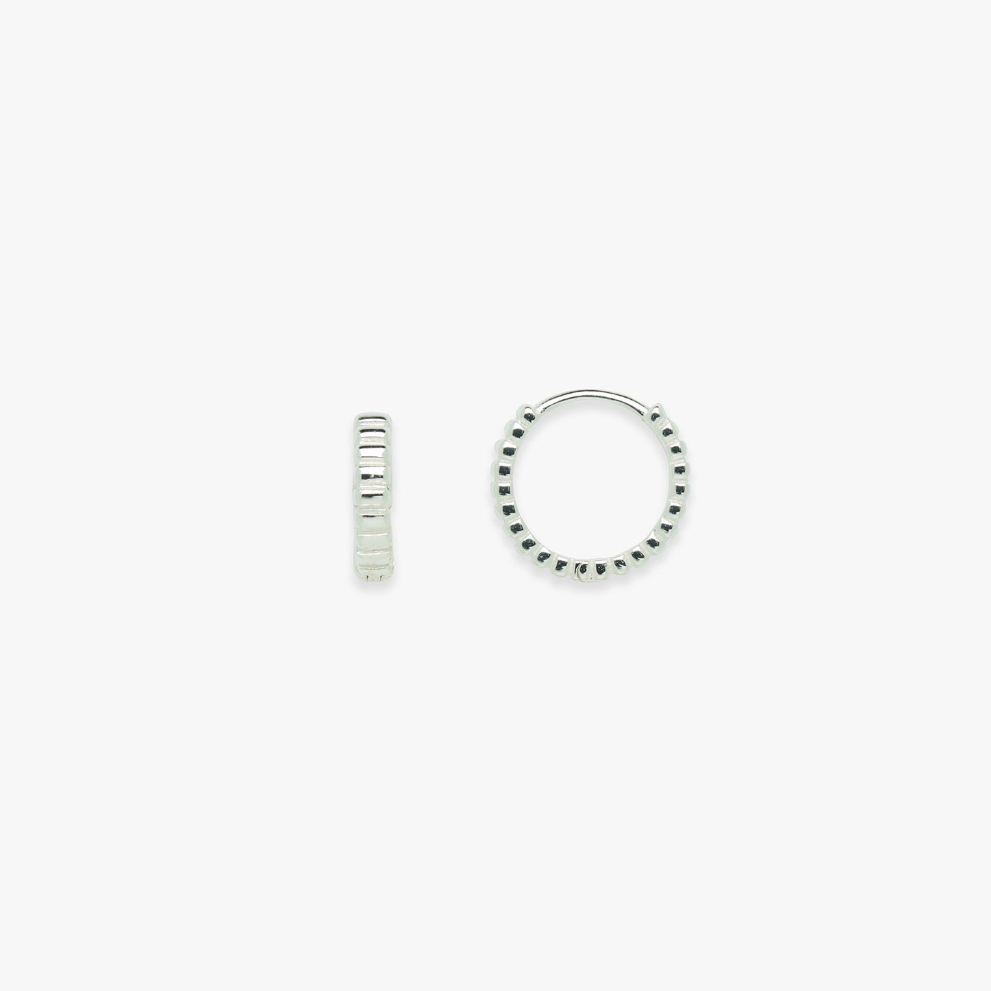 A sterling silver hoop earring with a ridged design and a click mechanism for closure.